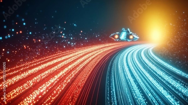 Fototapeta A futuristic spaceship travels through a vibrant, glowing pathway of red and blue light particles, suggesting motion and exploration in a digital universe.