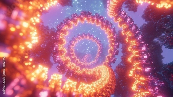 Fototapeta A vibrant, spiraling tunnel of glowing lights in a surreal, dreamlike environment, creating a sense of depth and wonder.