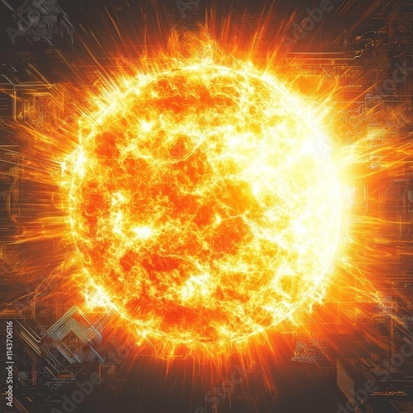 Obraz A vibrant depiction of the sun, radiating intense light and energy, showcasing its fiery surface and dynamic atmosphere.