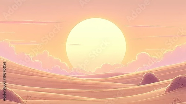 Obraz A serene landscape featuring gentle sand dunes under a large, glowing sun, creating a tranquil and warm atmosphere with soft pastel colors.