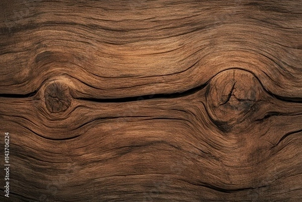 Fototapeta A close-up view of textured, weathered wood showcasing natural patterns and knots, highlighting its rustic charm.
