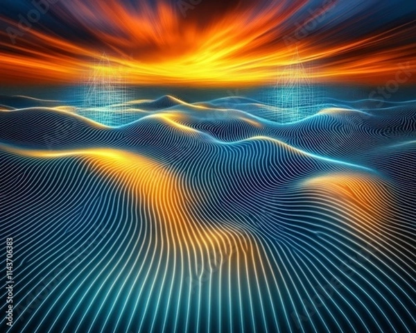 Fototapeta A vibrant digital landscape showcasing undulating waves of color, blending warm oranges and cool blues, evoking a sense of tranquility and wonder.