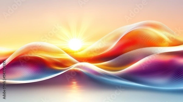 Obraz A vibrant abstract landscape depicting flowing waves of color with a radiant sunrise, evoking a sense of tranquility and inspiration.