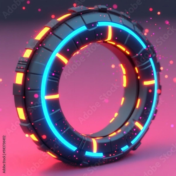 Obraz A futuristic, stylized tire or ring with glowing blue and red accents, set against a gradient background, suggesting a theme of technology and design.