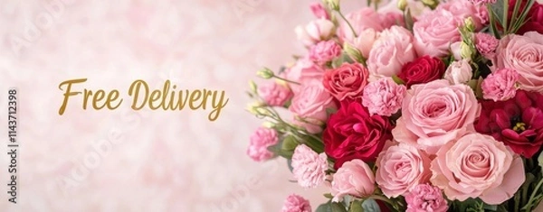 Obraz Valentine's Day flower shop banner with free delivery concept. Beautiful flower arrangement with a "Free Delivery" message