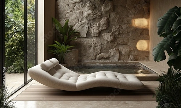 Fototapeta A serene indoor space featuring a lounge chair and a small water feature.