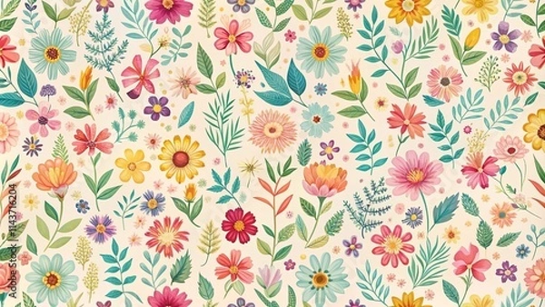 Fototapeta Vibrant Floral Pattern Design Featuring a Multitude of Blossoms and Lush Greenery