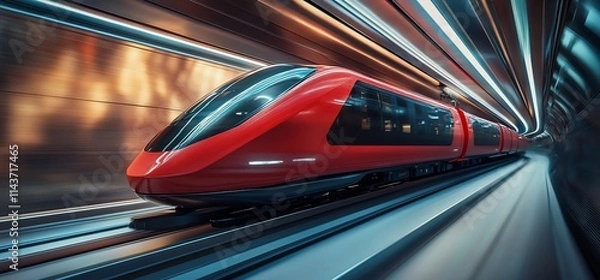 Fototapeta A sleek red train speeding through a futuristic tunnel.