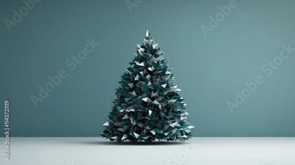 Fototapeta Abstract teal and silver geometric Christmas tree on white floor against a teal background.