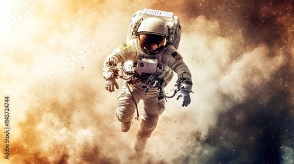 Fototapeta Astronaut floats in outer space through cosmic dust and stars.