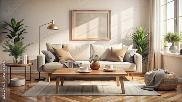 Obraz Sunlit minimalist living room: empty frame, light sofa, and simple wooden coffee table.