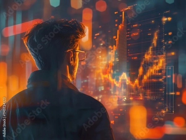 Fototapeta A man is looking at a computer screen with a graph on it. The graph is orange and has a downward trend. The man is wearing glasses and he is focused on the screen
