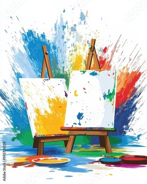 Fototapeta A creative vector art studio with empty space at the bottom for text, showcasing canvases with vibrant paintings in progress, paintbrushes, palettes with colorful paints, and artistic tools 