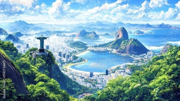 Obraz A beautiful landscape of mountains and a city with a large statue of Christ. The sky is blue and the mountains are covered in green trees