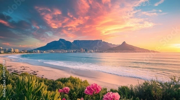 Obraz A beautiful sunset over the ocean with a mountain in the background. The sky is filled with pink and orange hues, creating a serene and peaceful atmosphere. The beach is lined with lush greenery
