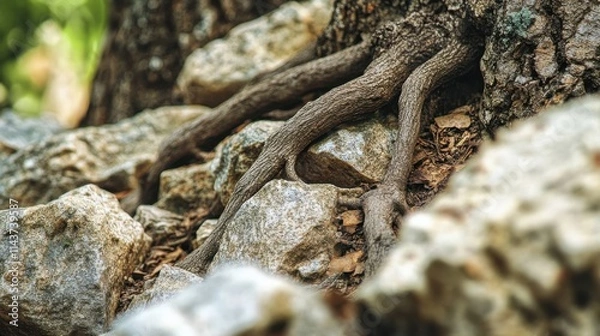 Obraz Intricate tree roots intertwining with rugged rocks in a serene outdoor setting