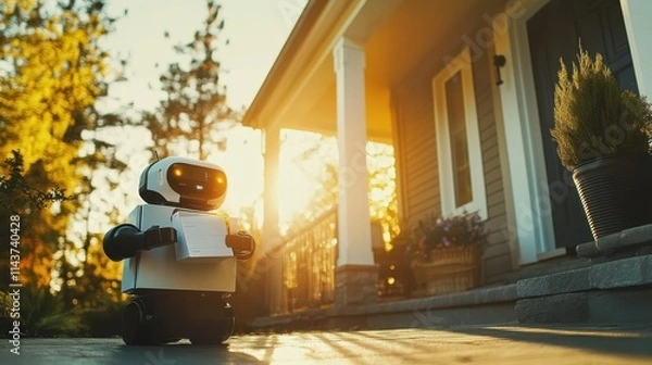 Fototapeta Household robot delivers mail to a person on a sunny day in a residential neighborhood