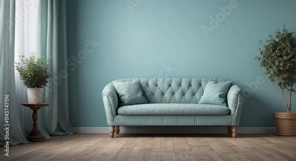 Fototapeta Teal Sofa In A Modern Minimalist Living Room