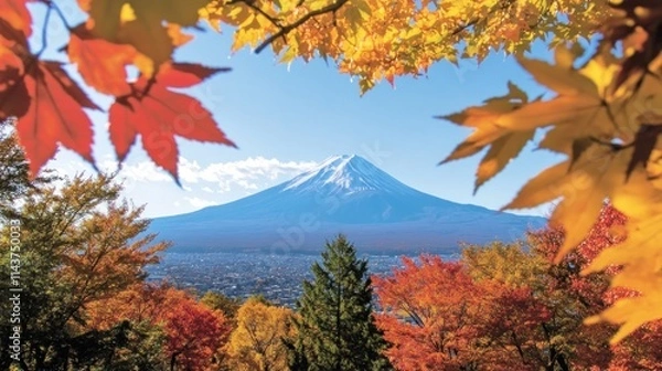 Fototapeta Autumnal View of Mount Fuji Through Maple Leaves