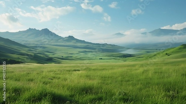 Obraz Serene Green Valley: A Breathtaking Vista of Rolling Hills and Majestic Mountains