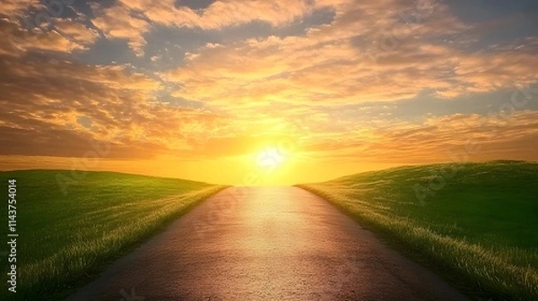 Fototapeta Empty road leading toward sunrise symbolizing the path to a fresh start as time counts down