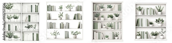 Fototapeta Stylish Minimalist Bookshelves with Lush Greenery Accents in Bright White Interior