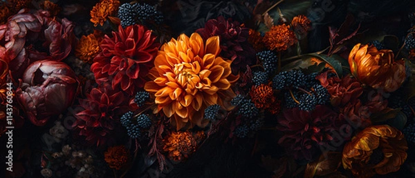 Fototapeta A vibrant arrangement of colorful flowers set against a dark background, showcasing rich textures and deep hues, creating a dramatic visual impact.