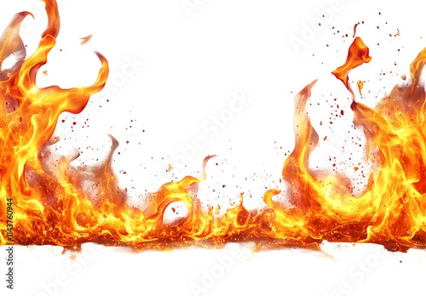 Fototapeta Fiery Flames Isolated on Transparent Background,  Burning Embers with Glowing Sparks for Design