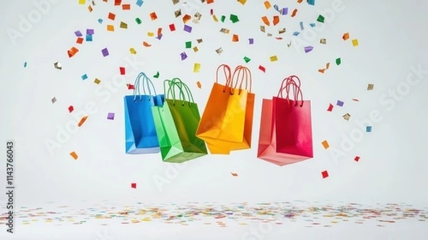 Obraz Colorful shopping bags falling with christmas tree on color background,holiday shopping online season,holiday winter shopping bags and gift boxes,space for text.