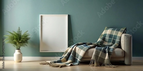 Fototapeta Modern living room interior design featuring a cozy armchair with a textured throw blanket, a potted plant, and a large blank frame against a teal wall.