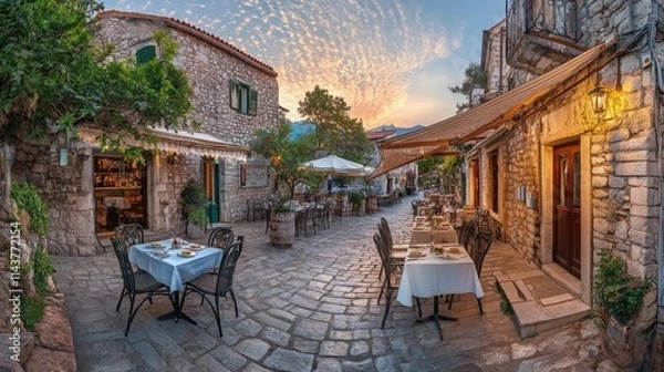 Obraz Charming outdoor café in Budva's old town during sunset with stone architecture and inviting atmosphere