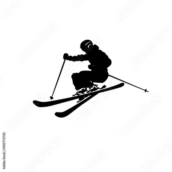Fototapeta Silhouette of Skier Jumping Mid-Air, Black silhouette of a skier performing a jump with poles in hand, showcasing dynamic winter sport action on a white background.

