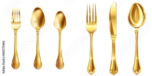 Fototapeta Set of elegant golden fork, spoon and knife. Generative AI.