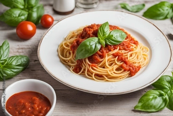 Fototapeta A simple plate of spaghetti with tomato sauce and fresh basil leaves, placed on a plain white plate with a clean, empty wooden table background.