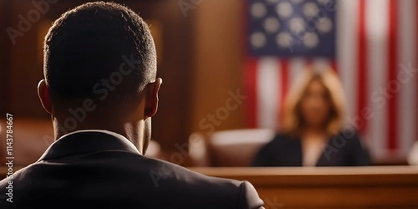 Fototapeta A person sitting in a courtroom facing a judge or speaker, with an American flag in the background. Concept Courtroom Setting, Judge's Authority, American Flag Symbolism, Legal Proceedings