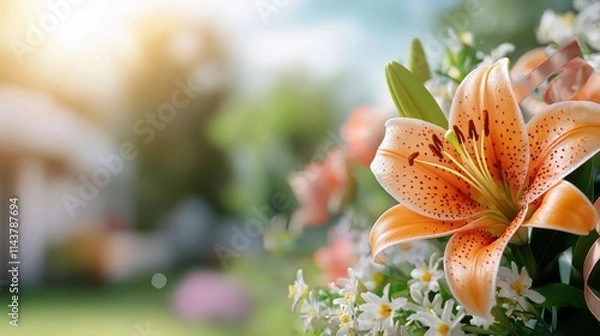 Fototapeta Closeup of a stunning orange lily flower in full bloom surrounded by lush green foliage in a serene summer garden
