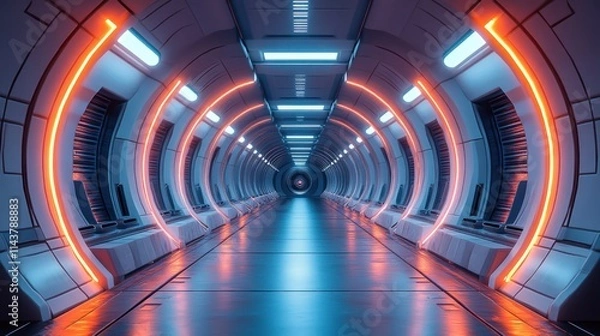 Fototapeta Futuristic spaceship corridor with orange and blue neon lights.