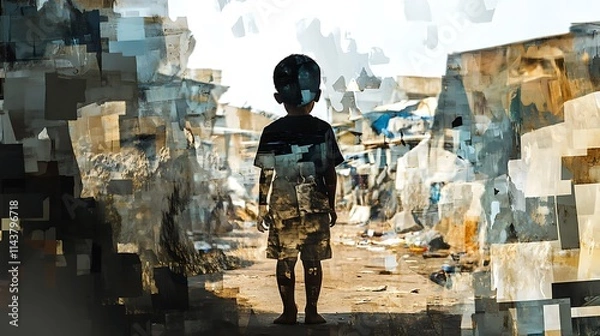 Fototapeta Silhouette of a child standing in a dilapidated urban setting.