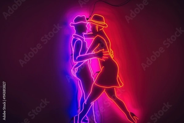 Fototapeta Neon glow outline of a couple dancing salsa, vibrant and dynamic. Soft neon lighting.