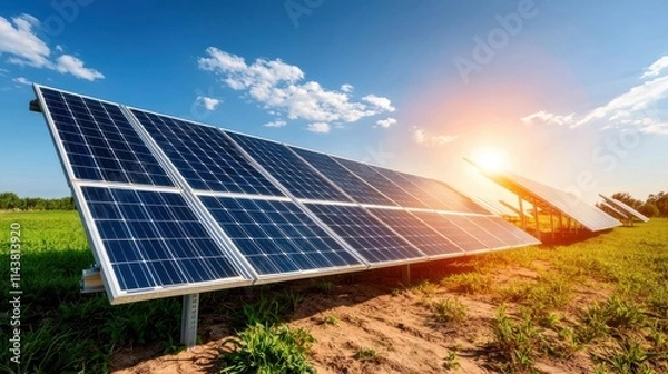 Obraz Rows of solar photovoltaic panels installed in a vast field generating renewable clean electricity  The solar farm is set against a scenic rural landscape bathed in the warm glow of sunrise or sunset