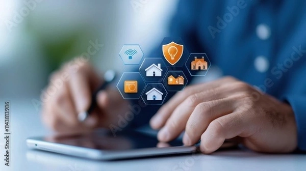 Obraz Closeup of a person s hands using a digital tablet device with various business and technology icons and symbols displayed on the screen representing the digital transformation innovation