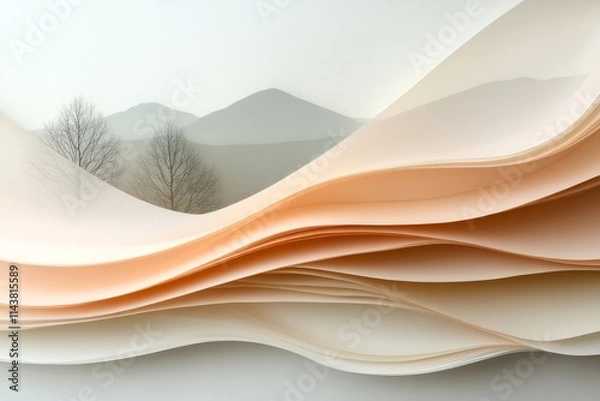 Fototapeta Waves of paper blend with misty mountains creating a serene landscape at dawn