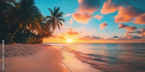 Fototapeta Close up view of sandy beaches showcasing a panoramic beach landscape. This tropical beach scene features a colorful sunset sky, evoking calmness and relaxation ideal for summer vacation vibes.