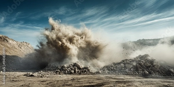 Fototapeta A series of images capturing a blasting operation that facilitates a rock hill for an airport runway expansion project, showcasing the dynamic process involved in the airport runway development.
