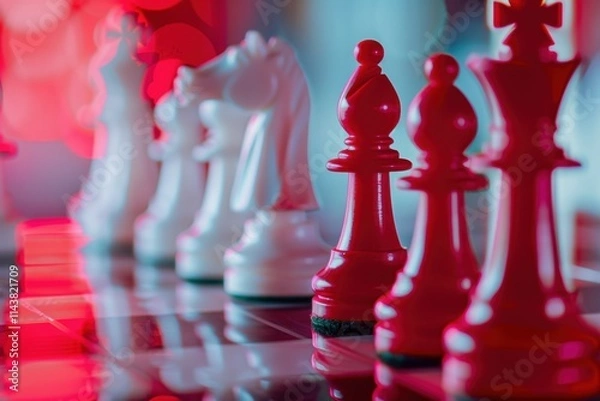Fototapeta Red and white chess pieces on a glossy surface, strategic and detailed. Soft indoor lighting.