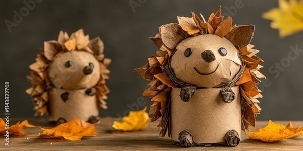 Obraz Creative Collage DIY for Kids, Step by step instructions on crafting a hedgehog using a toilet roll tube. Kids creativity shines in this eco friendly craft workshop focusing on reuse and recycle.