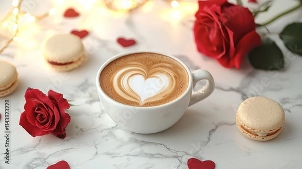 Fototapeta Modern Cafe Scene with Heart-Shaped Latte and Romantic Details