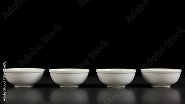 Fototapeta Minimalist White Bowls: Five pristine white bowls stand in a row against a dark backdrop, their smooth curves reflecting the light. A simple yet elegant arrangement.