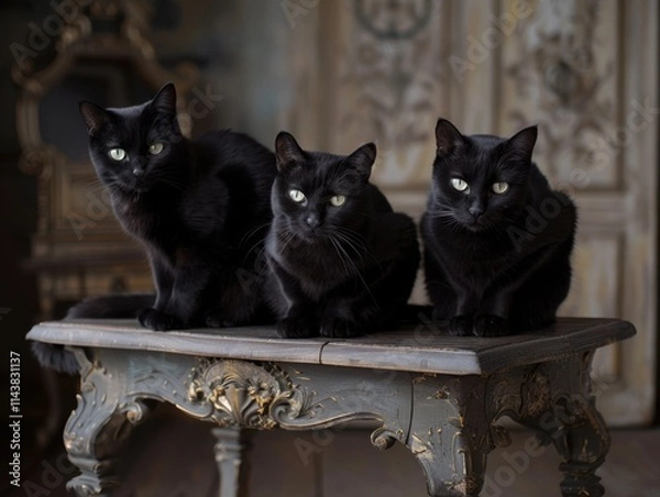 Fototapeta Three black cats sitting on a fancy wooden table, creating a mysterious and elegant scene. Soft, dramatic lighting.