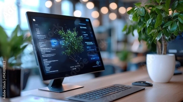 Fototapeta Streamlined desktop computer setup with lush plant accent in modern minimalist office environment showcasing a professional tech driven workspace that inspires focus and productivity